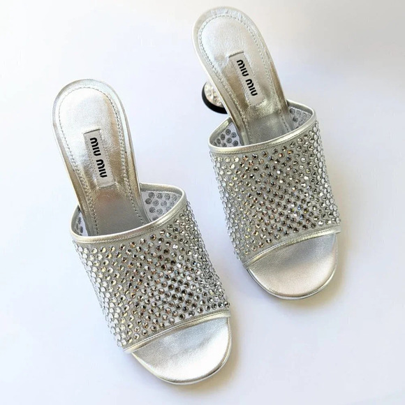 Miu Miu Women's Embellished Slide Heel Sandals Argento Size 38 (MSRP $1,200) - Picture 3 of 11